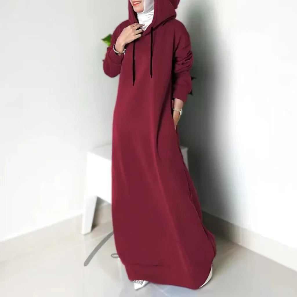 Casual Long Sleeve Hooded Abaya Dress for Women