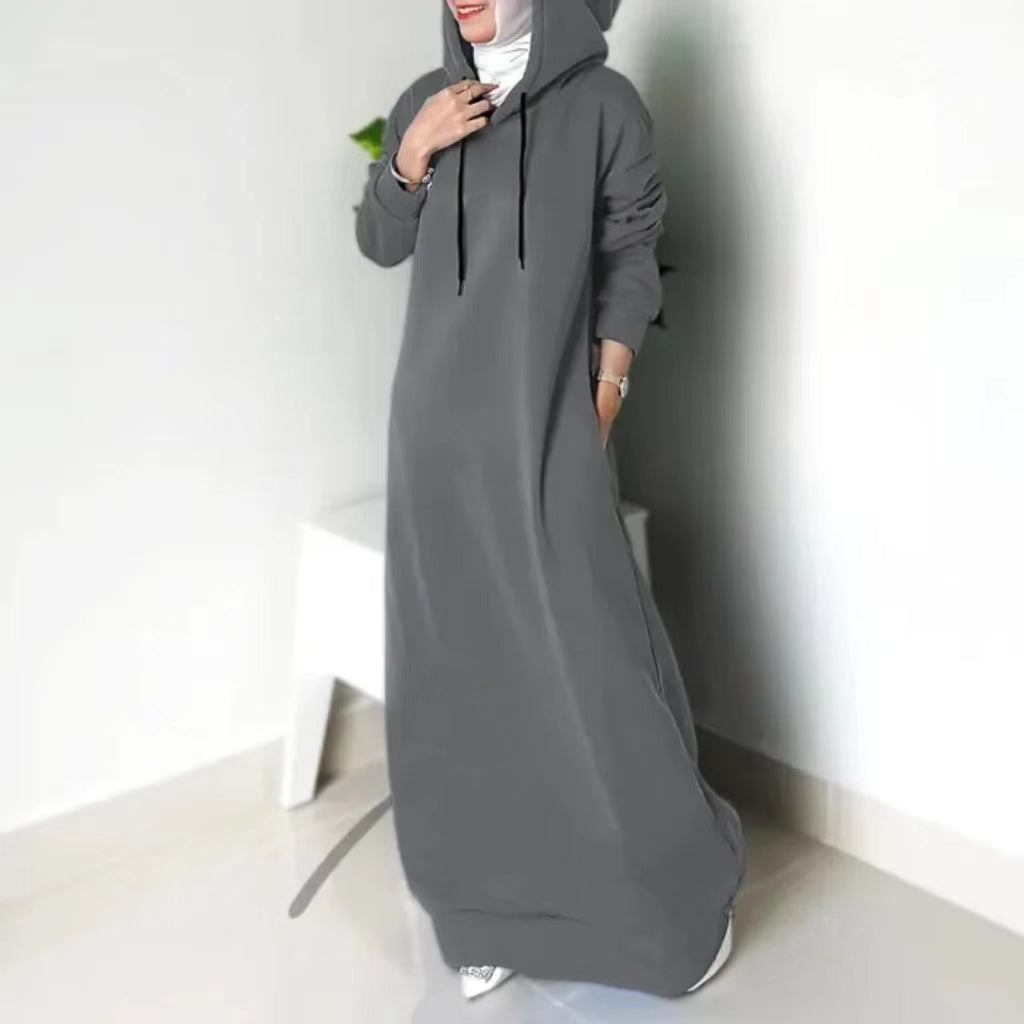 Casual Long Sleeve Hooded Abaya Dress for Women