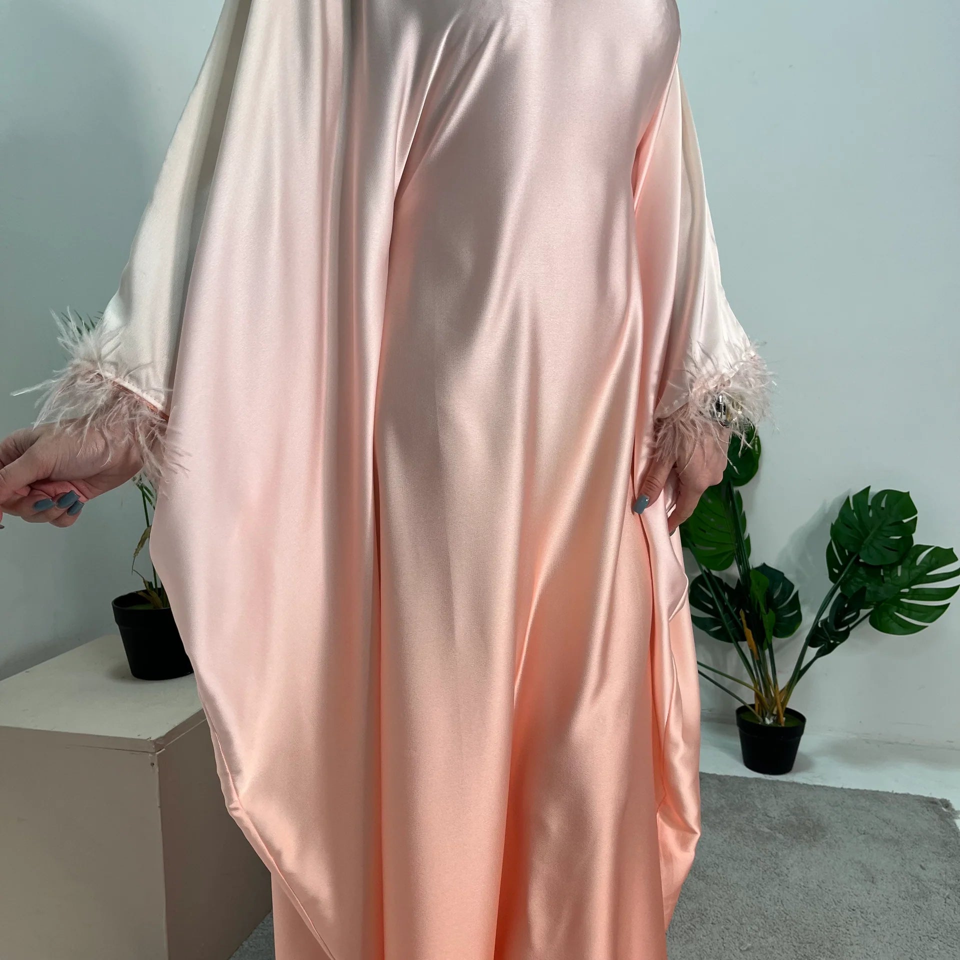 Exclusive Ombre Print Fur Sleeve Kaftan Dress