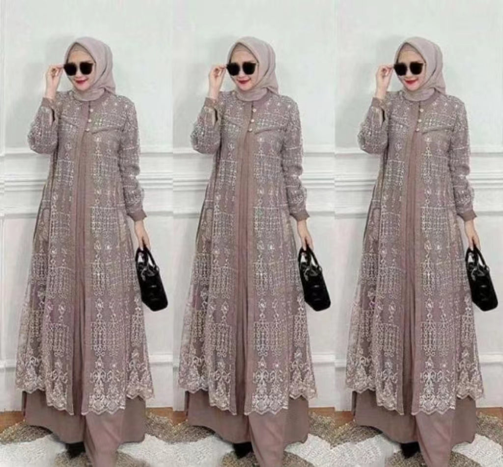 Intricate Lace Pattern Abaya with Inner Dress Set