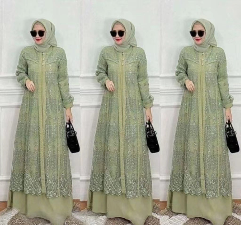 Intricate Lace Pattern Abaya with Inner Dress Set