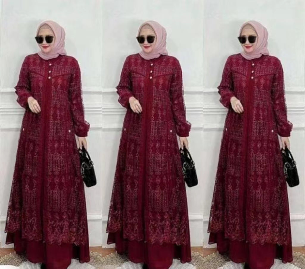 Intricate Lace Pattern Abaya with Inner Dress Set