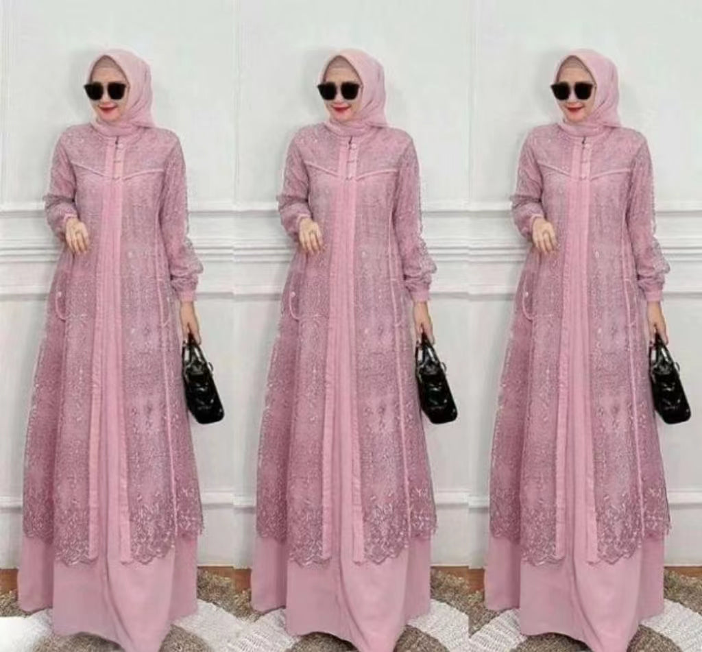 Intricate Lace Pattern Abaya with Inner Dress Set