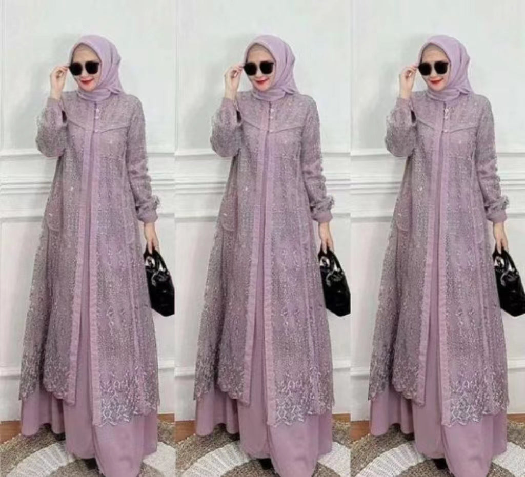 Intricate Lace Pattern Abaya with Inner Dress Set