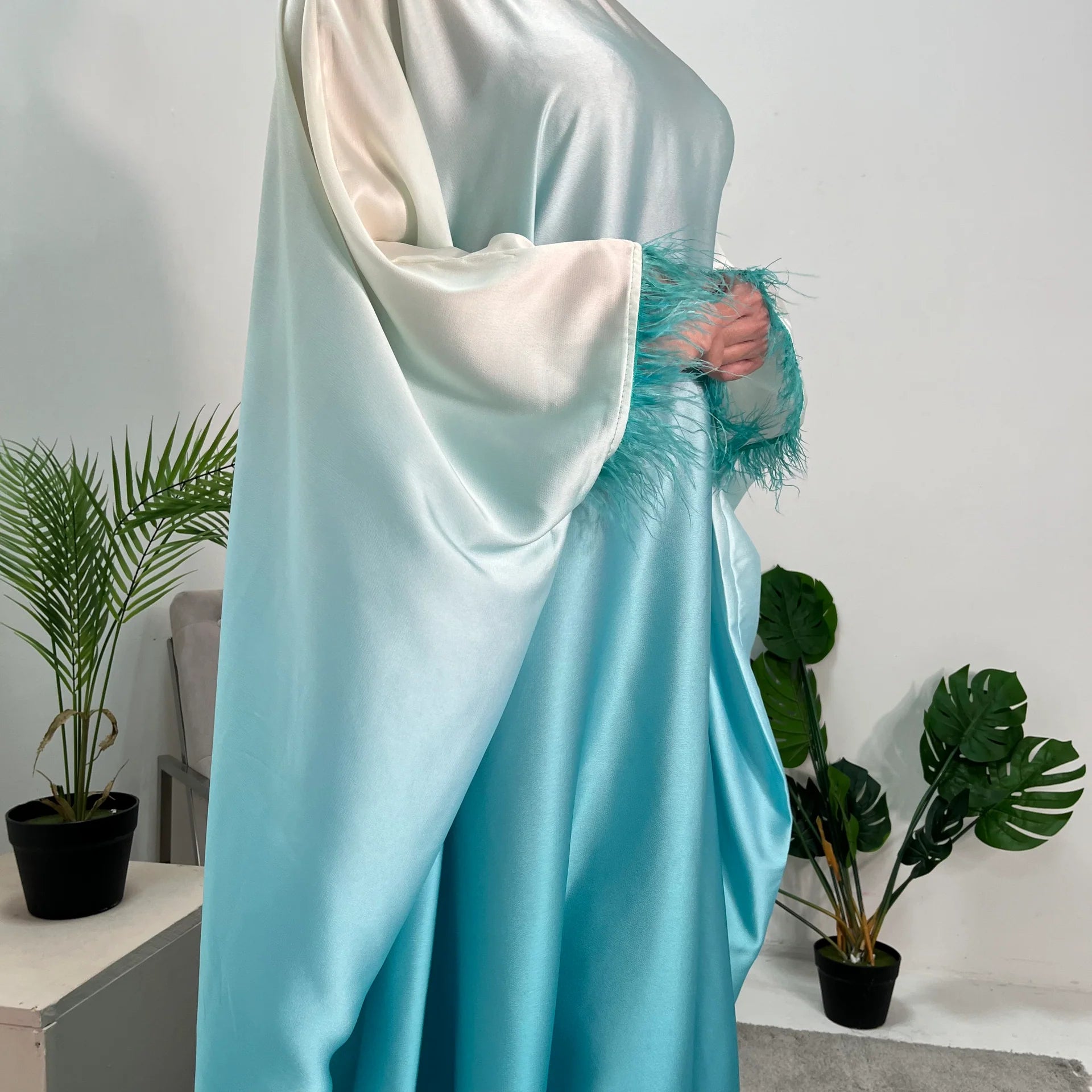 Exclusive Ombre Print Fur Sleeve Kaftan Dress