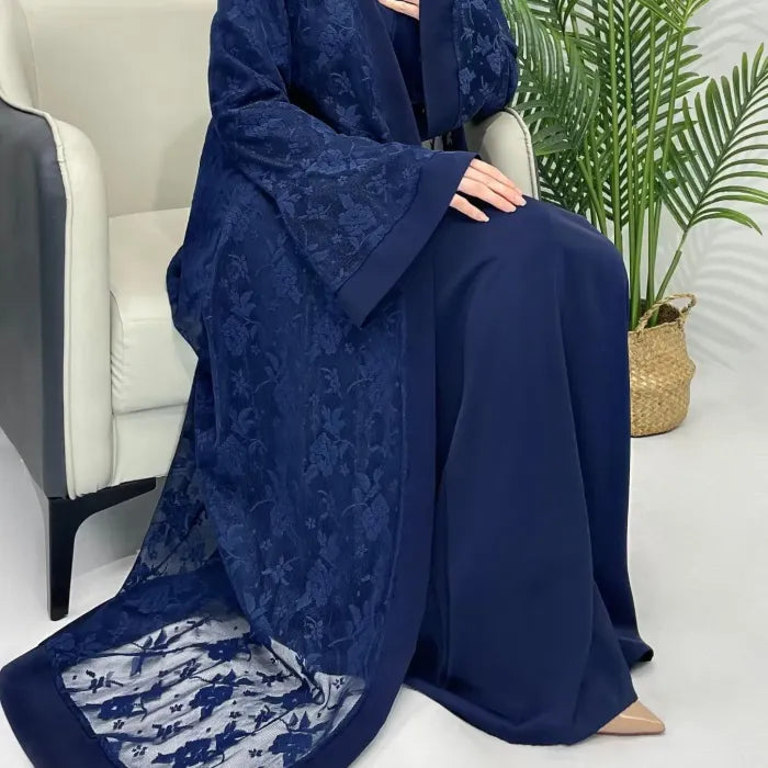 Elegant Grey Floral Embroidered Abaya with Bell Sleeves and Inner Dress Set