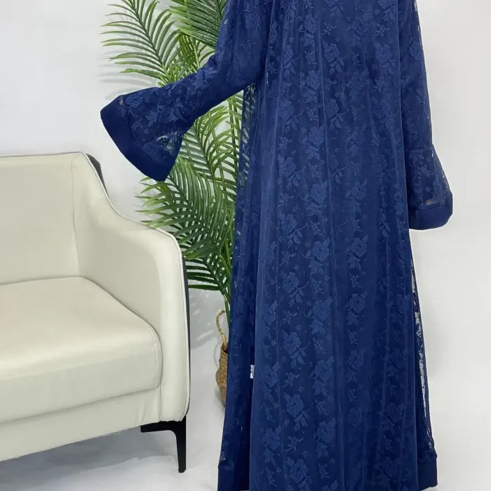 Elegant Grey Floral Embroidered Abaya with Bell Sleeves and Inner Dress Set