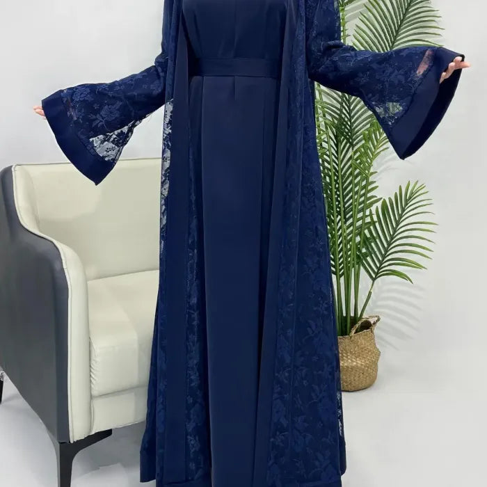 Elegant Grey Floral Embroidered Abaya with Bell Sleeves and Inner Dress Set