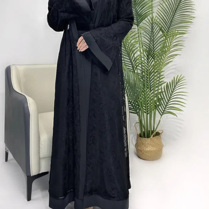 Elegant Grey Floral Embroidered Abaya with Bell Sleeves and Inner Dress Set