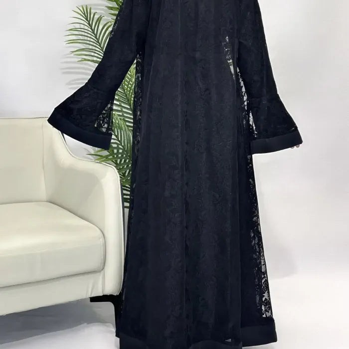 Elegant Grey Floral Embroidered Abaya with Bell Sleeves and Inner Dress Set