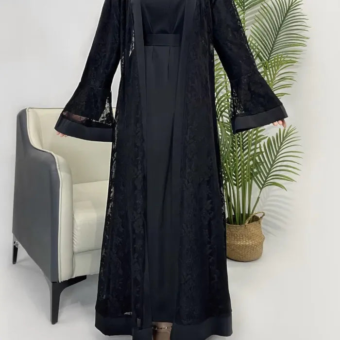 Elegant Grey Floral Embroidered Abaya with Bell Sleeves and Inner Dress Set