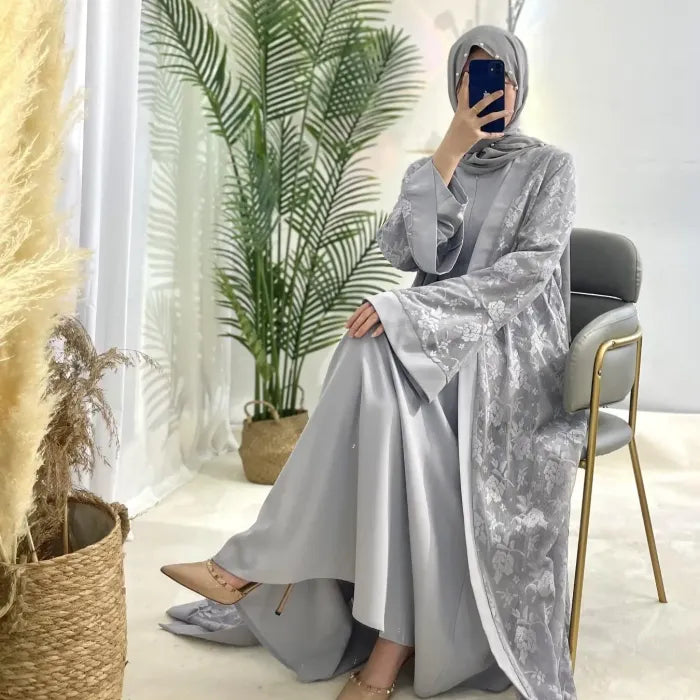 Elegant Grey Floral Embroidered Abaya with Bell Sleeves and Inner Dress Set