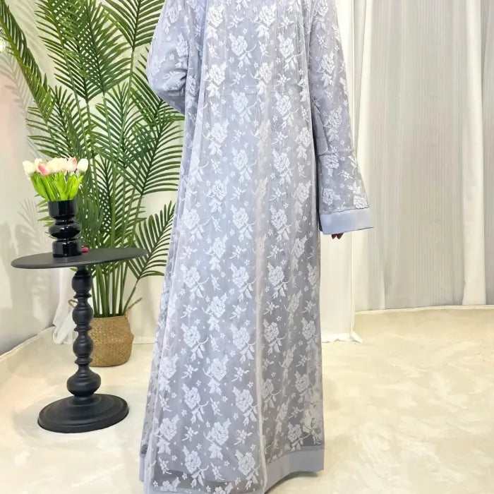 Elegant Grey Floral Embroidered Abaya with Bell Sleeves and Inner Dress Set