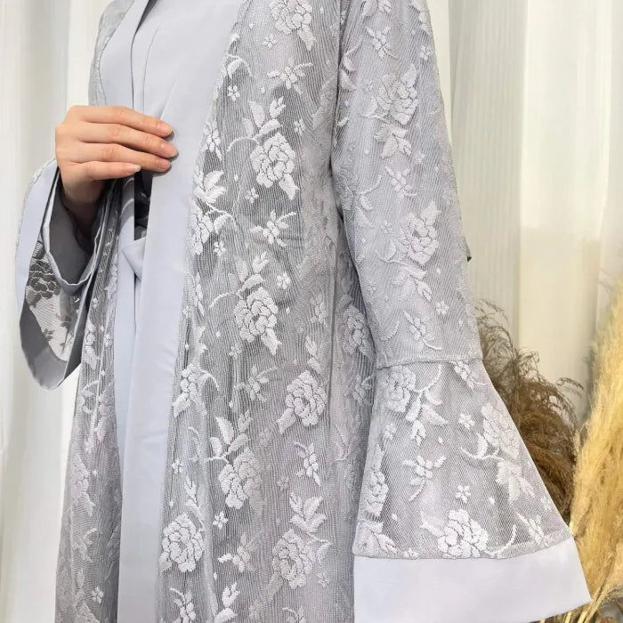 Elegant Grey Floral Embroidered Abaya with Bell Sleeves and Inner Dress Set