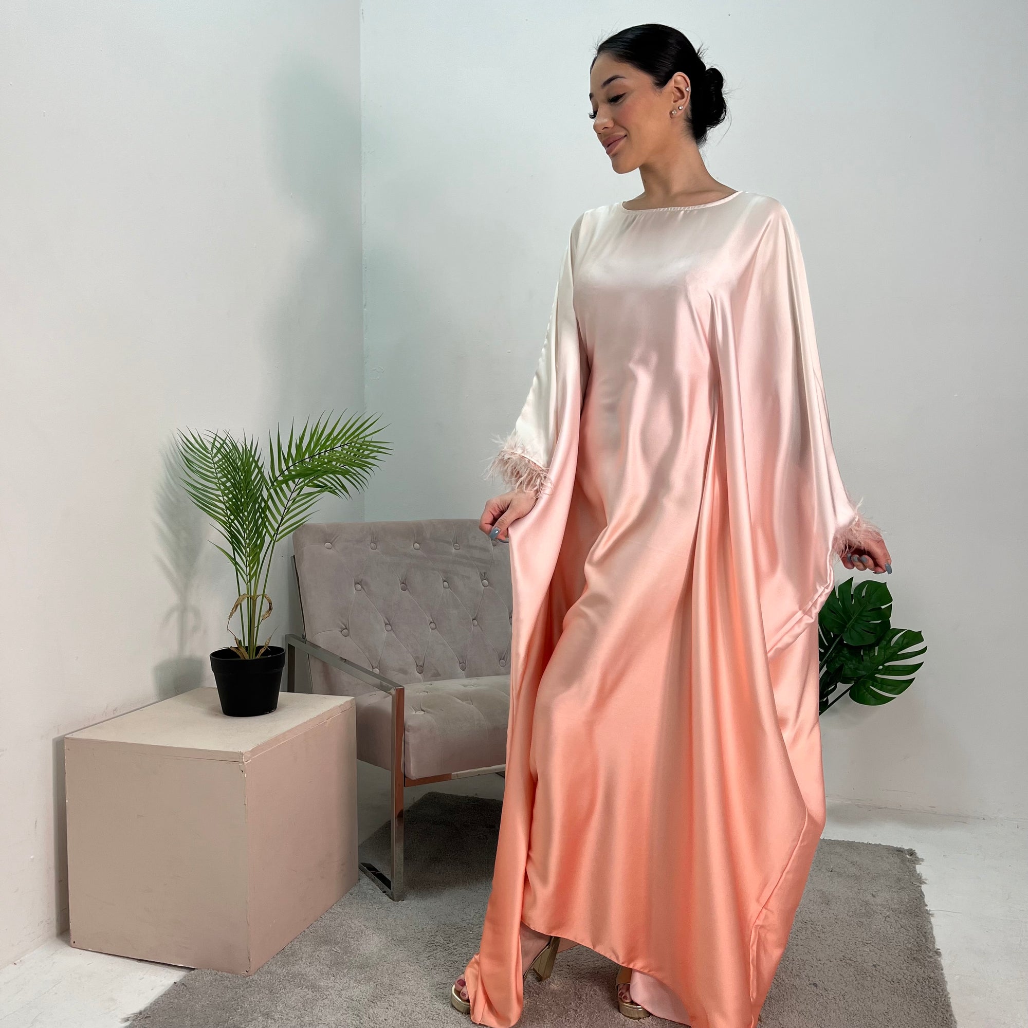 Exclusive Ombre Print Fur Sleeve Kaftan Dress