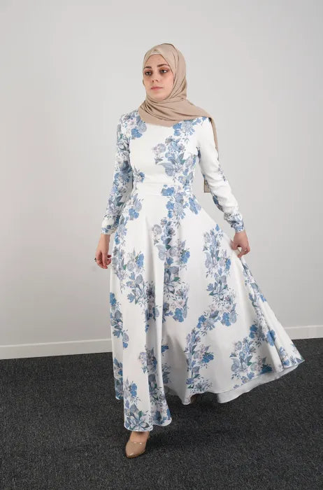 Elegant Floral Blue and White Maxi Dress