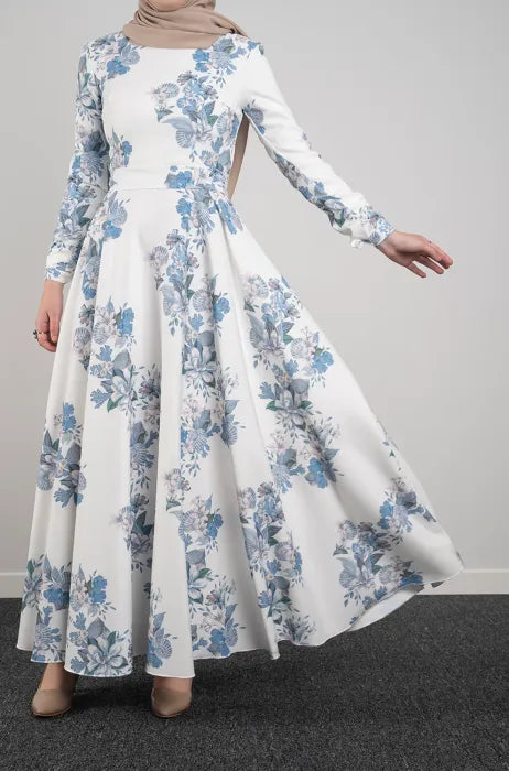 Elegant Floral Blue and White Maxi Dress