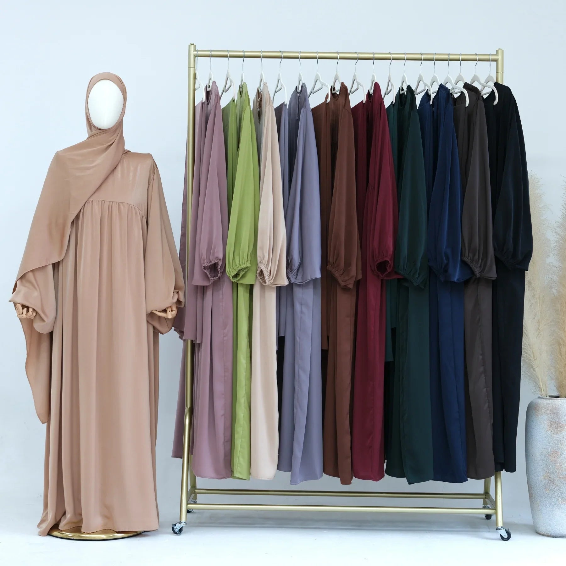 Loriya New Abaya Dubai Muslim Dress Puff Sleeve Silk Satin Plain Abaya Women Hijab Dress Muslim Islamic Clothing