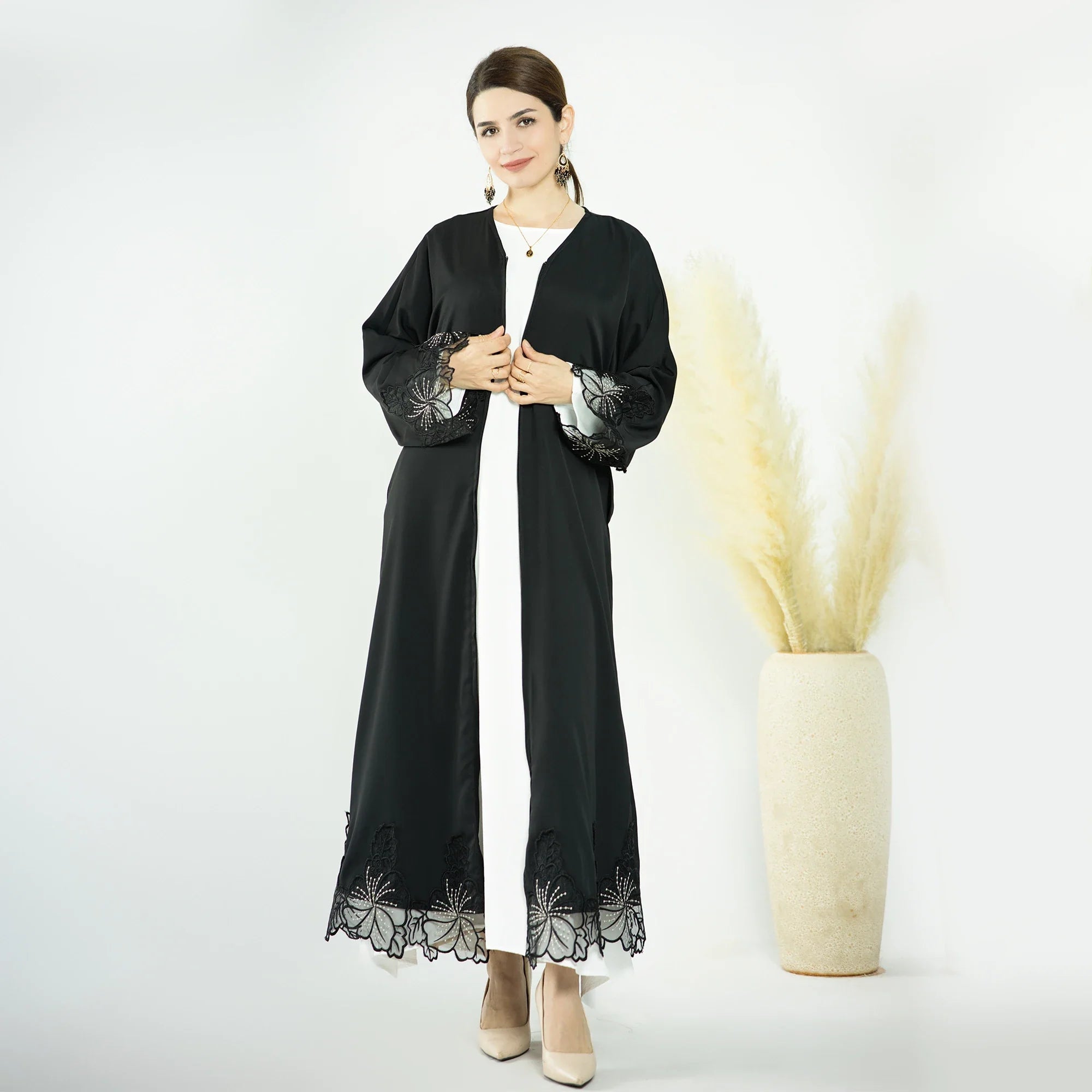 Loriya Ramadan Latest Nida with Embroidery Modest Closed Dresses Ladies Dubai Abaya Muslim Women