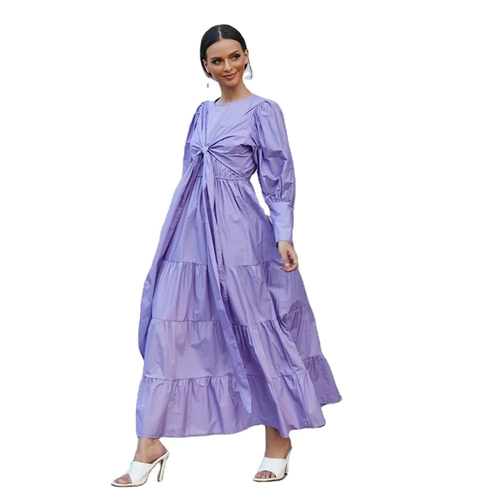 Best selling modern islamic clothing Ruffles hem puff sleeves cotton long maxi women muslim dress