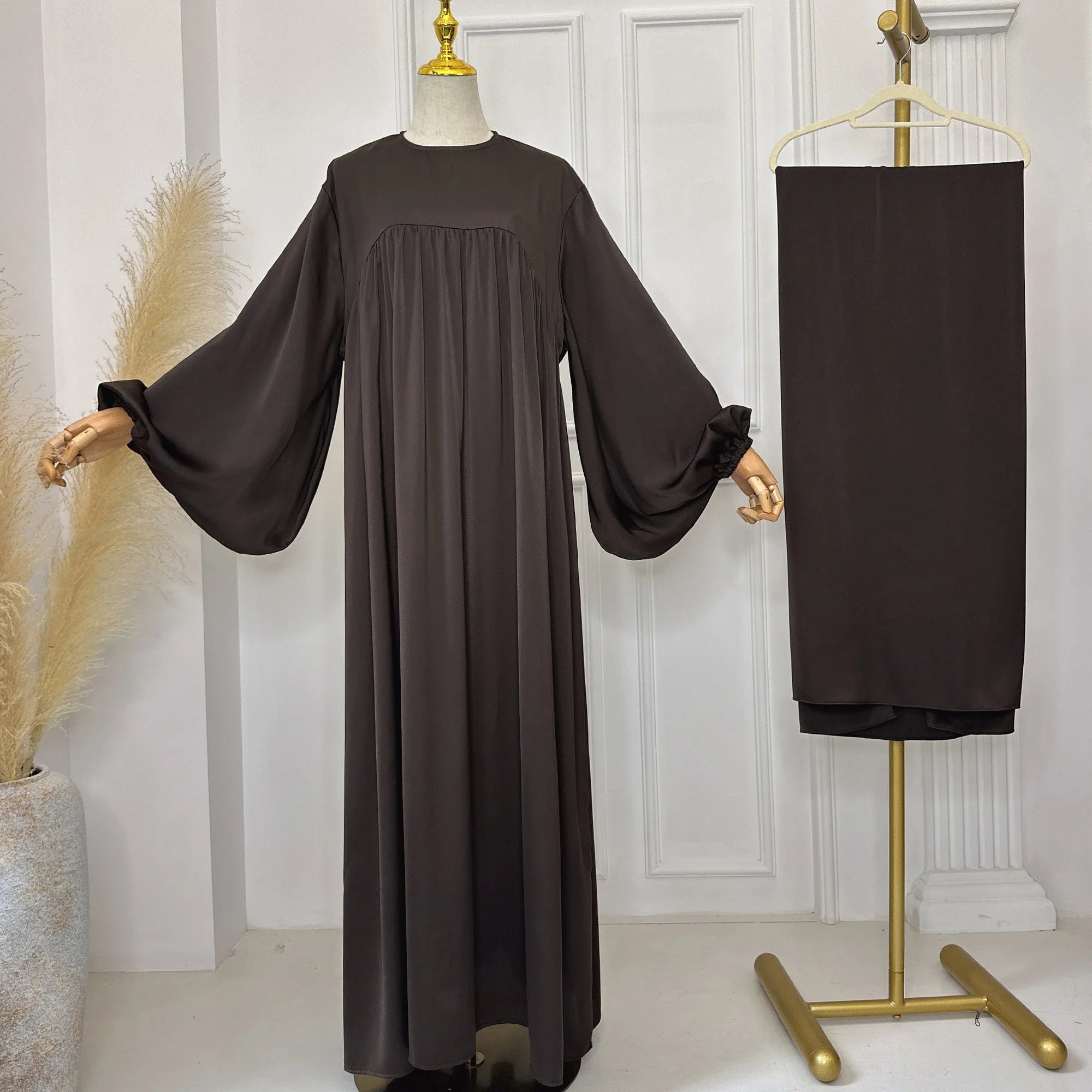 Loriya Abayas fermées à manches bouffantes Dubaï Turquie Hijab Robe 2 pièces Ensemble Abaya unie Vêtements islamiques pour femmes musulmanes 