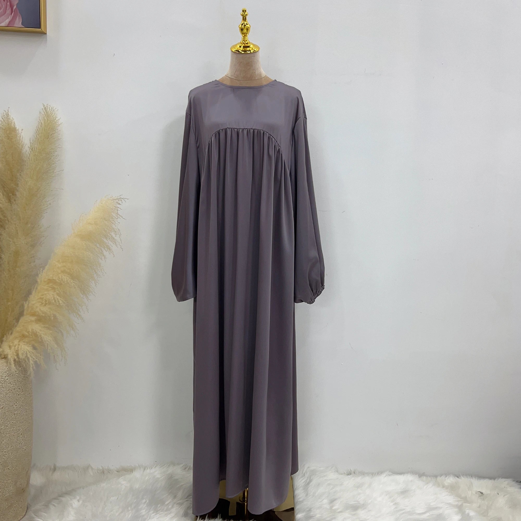 Loriya New Abaya Dubai Muslim Dress Puff Sleeve Silk Satin Plain Abaya Women Hijab Dress Muslim Islamic Clothing