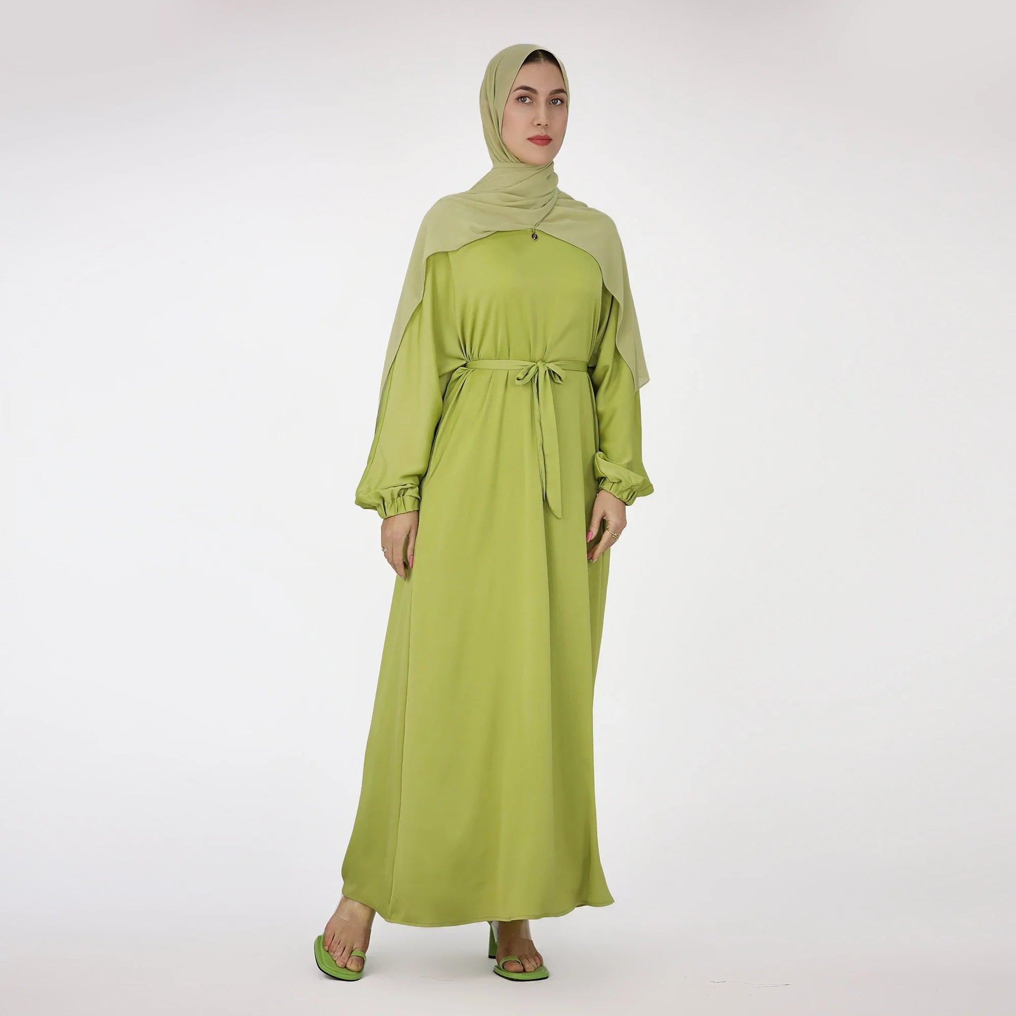 Drop Shipping Loriya New Trend Wrinkle Satin Women Modest Abaya Women Muslim Dress Fashion Muslim Clothing with Elastic Sleeve a