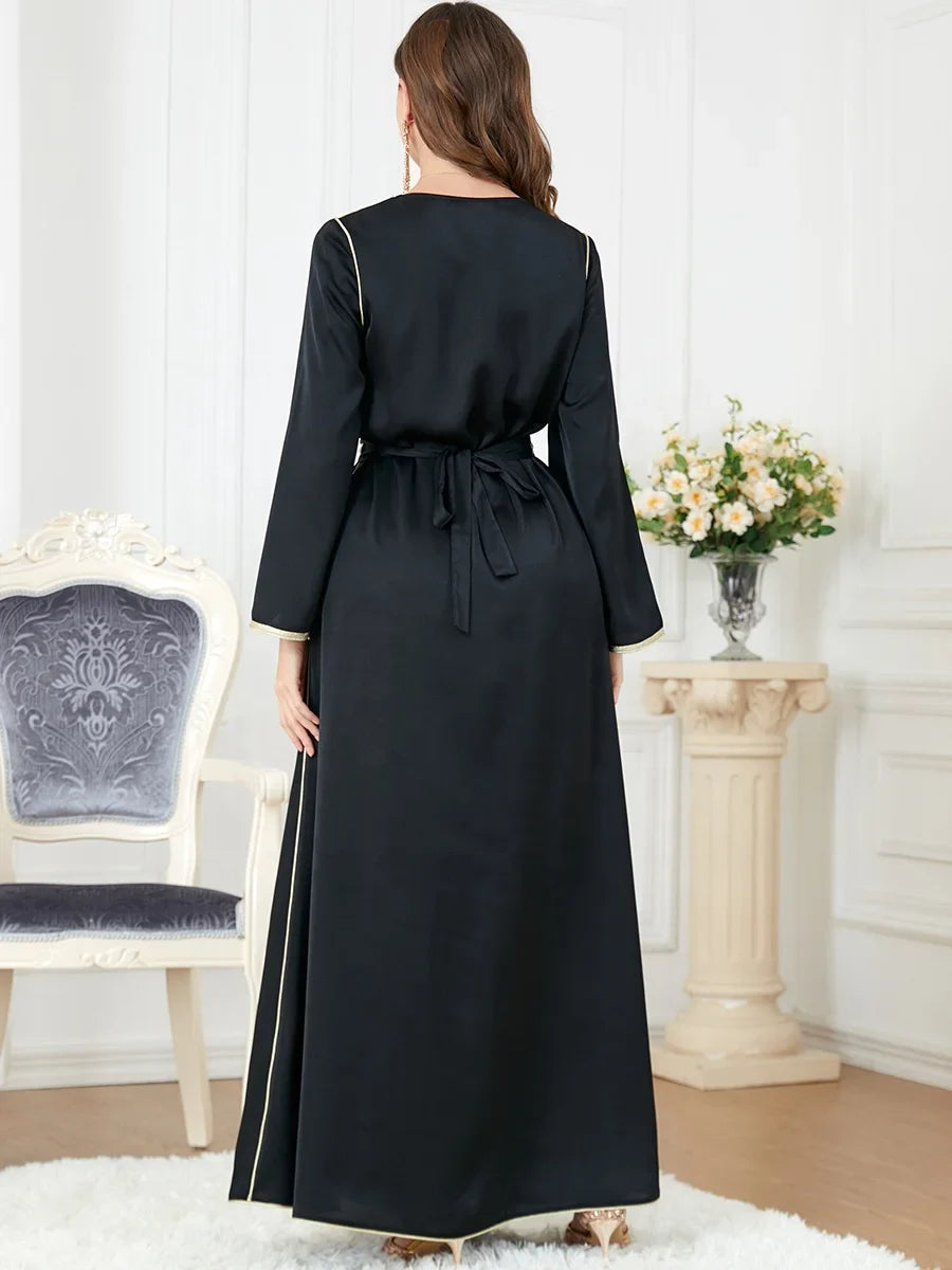 Loriya Wholesale Muslim Women Dress Long Sleeve V Neck Elegant Black Kaftan Modest Dress Abaya Islamic Clothing