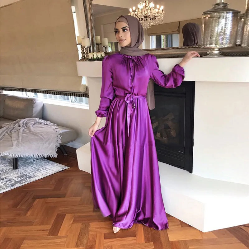 8 colors bulk wholesale maxi dresses muslim women long sleeve abaya satin dress dubai islamic clothing