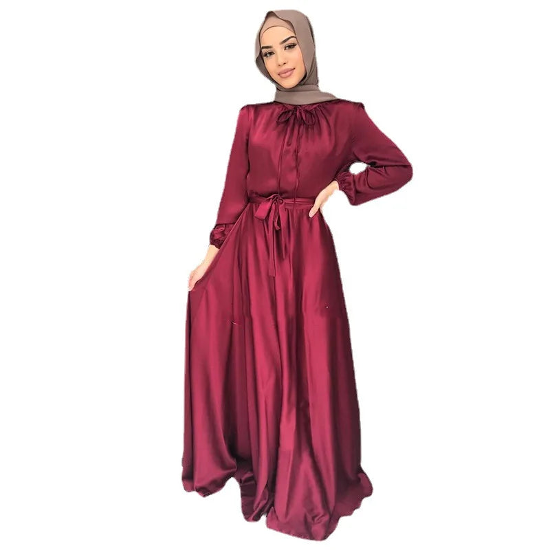 8 colors bulk wholesale maxi dresses muslim women long sleeve abaya satin dress dubai islamic clothing