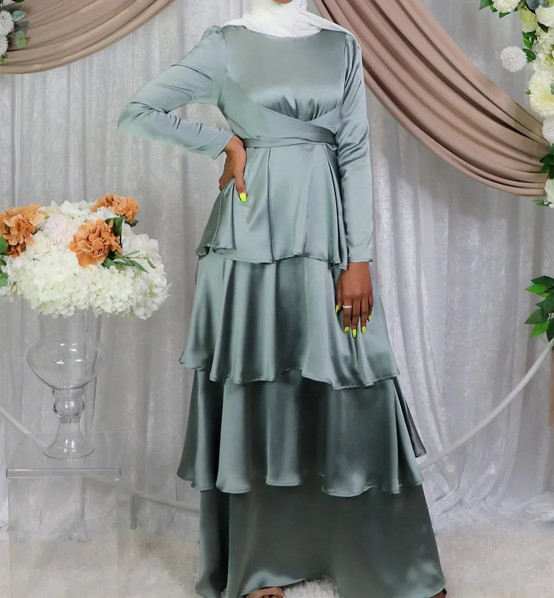 2021 Wholesale Muslim women Customized long sleeve design 4 layers Satin dress Elegant Abaya