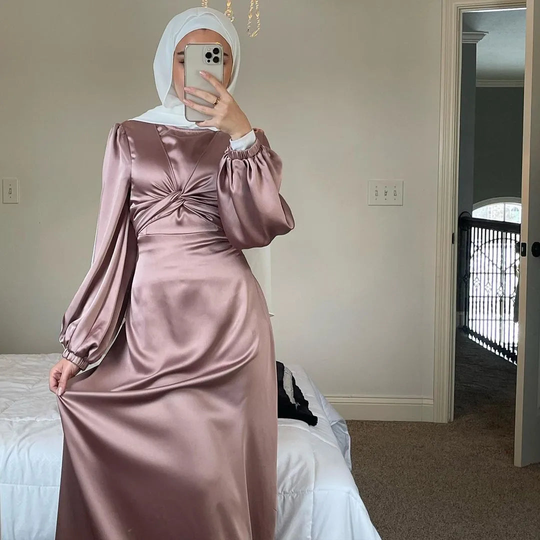 Elegant Indonesia islamic clothing satin material abaya women muslim dress long maxi slip twist islamic dresses wholesale