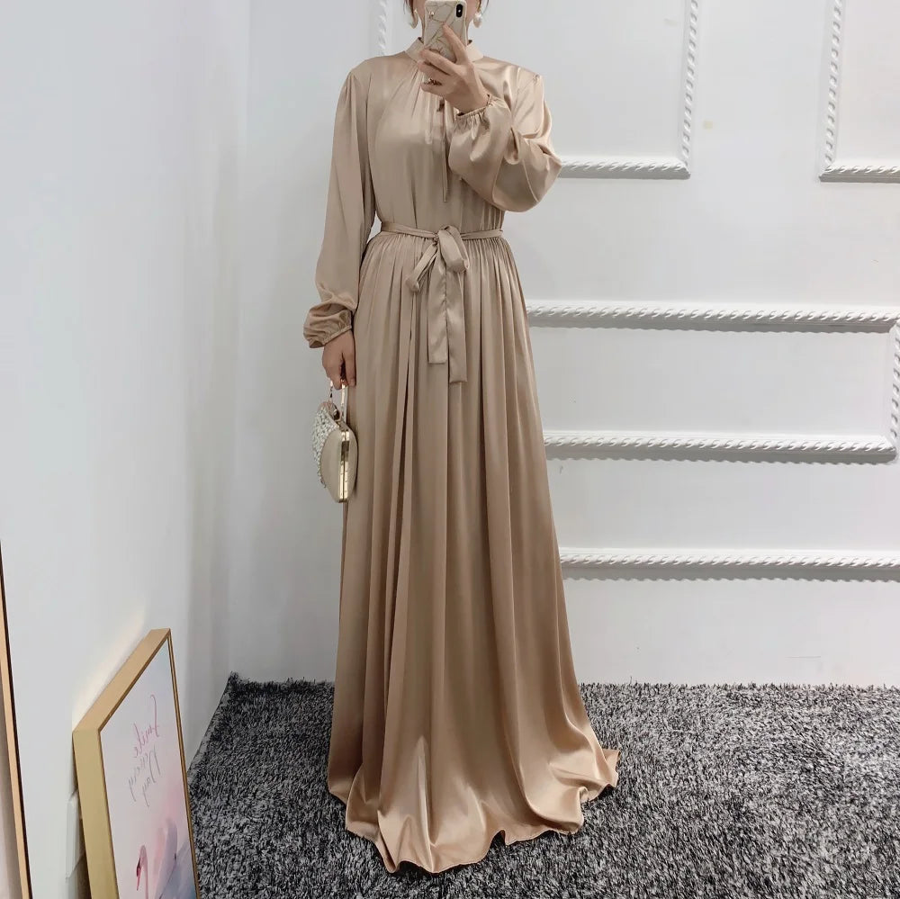 8 colors bulk wholesale maxi dresses muslim women long sleeve abaya satin dress dubai islamic clothing