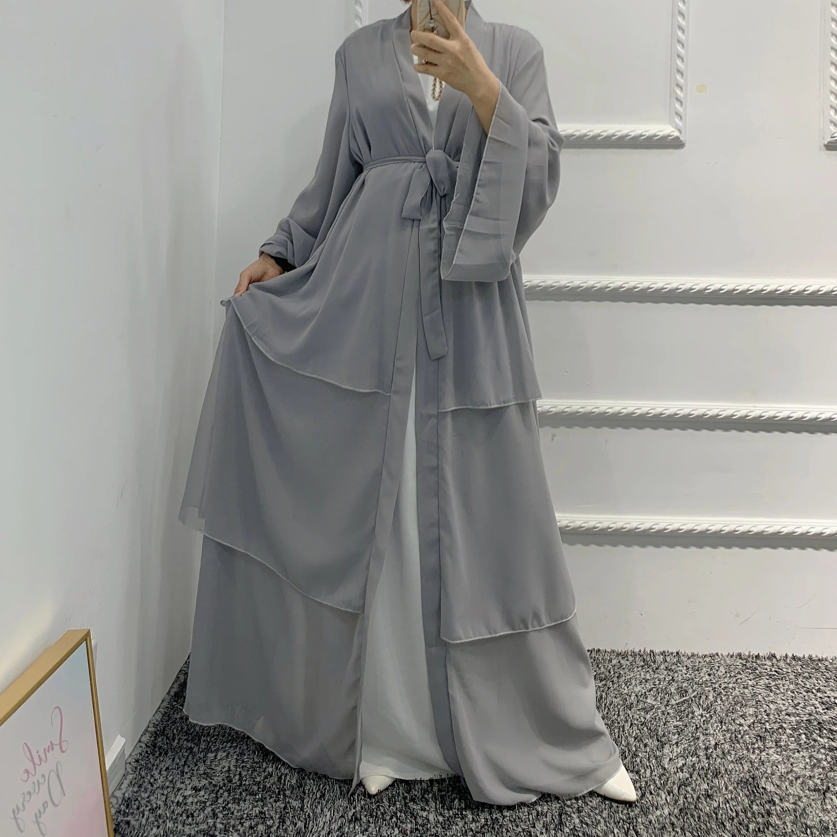 2022 New design islamic clothing women 3 Layer Chiffon Open Abaya Dress for Arab Muslim girls