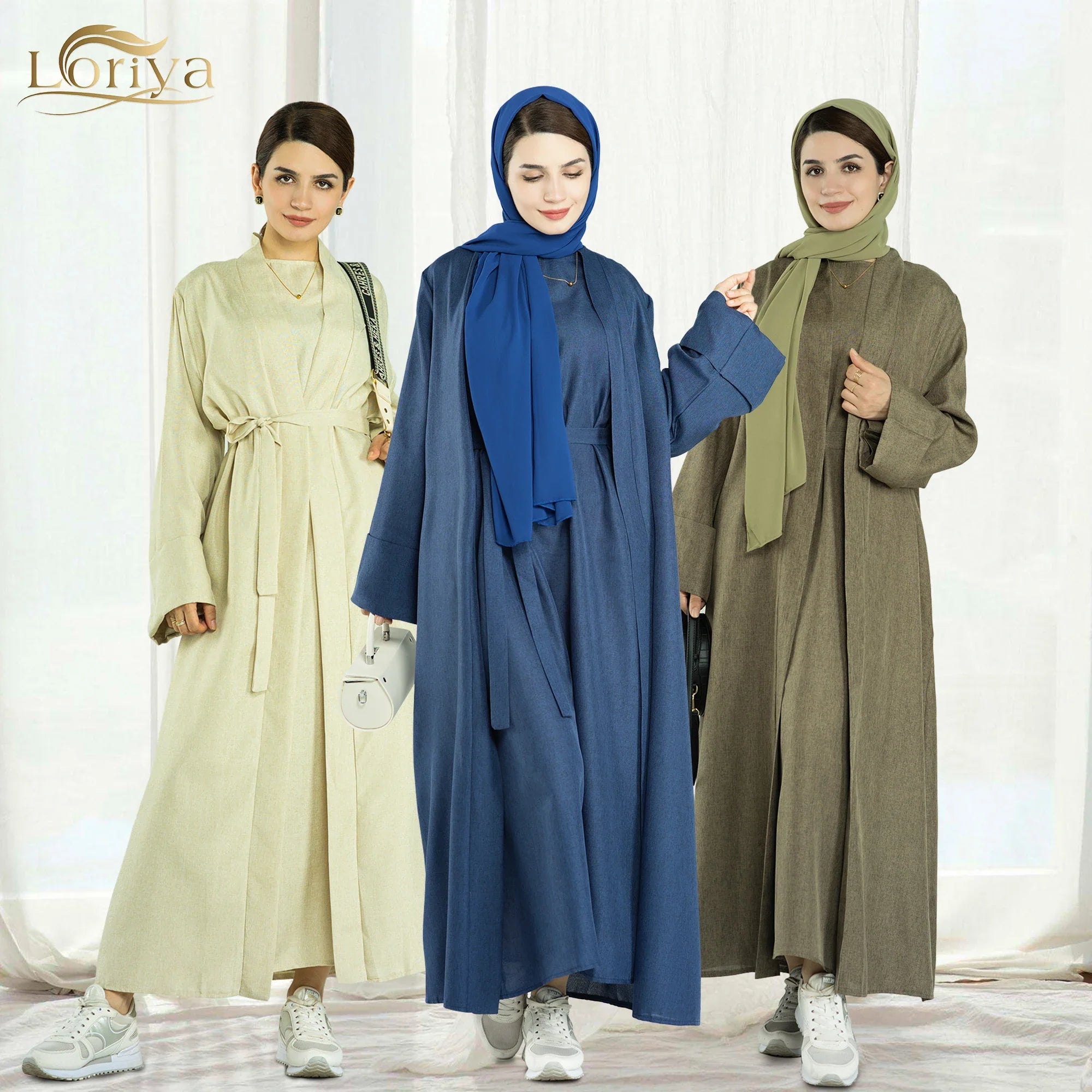 2023 Loriya Fashion New EID Islamic Clothing Linen Solid Color Open Abaya Muslim Ladies Abaya