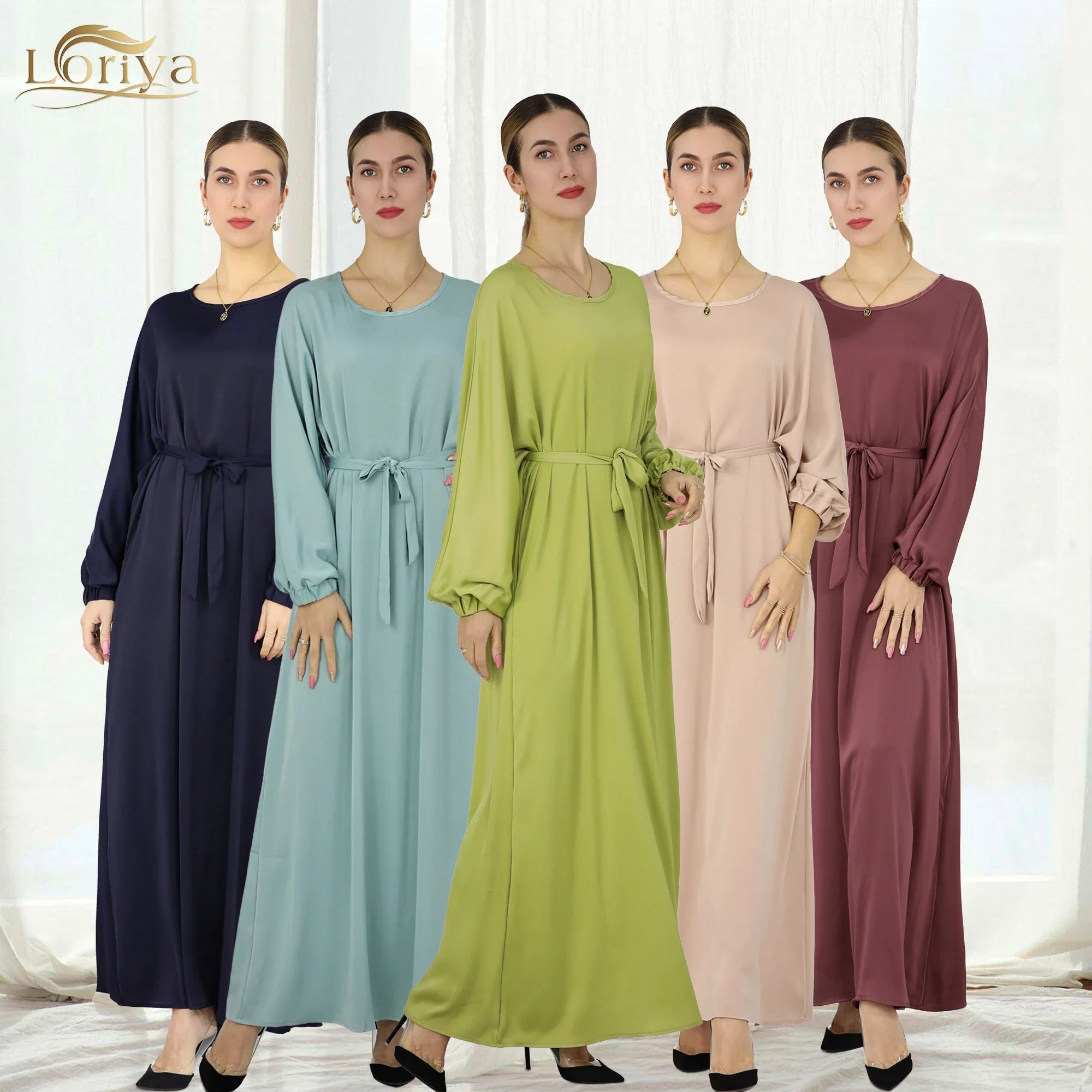 Drop Shipping Loriya New Trend Wrinkle Satin Women Modest Abaya Women Muslim Dress Fashion Muslim Clothing with Elastic Sleeve a