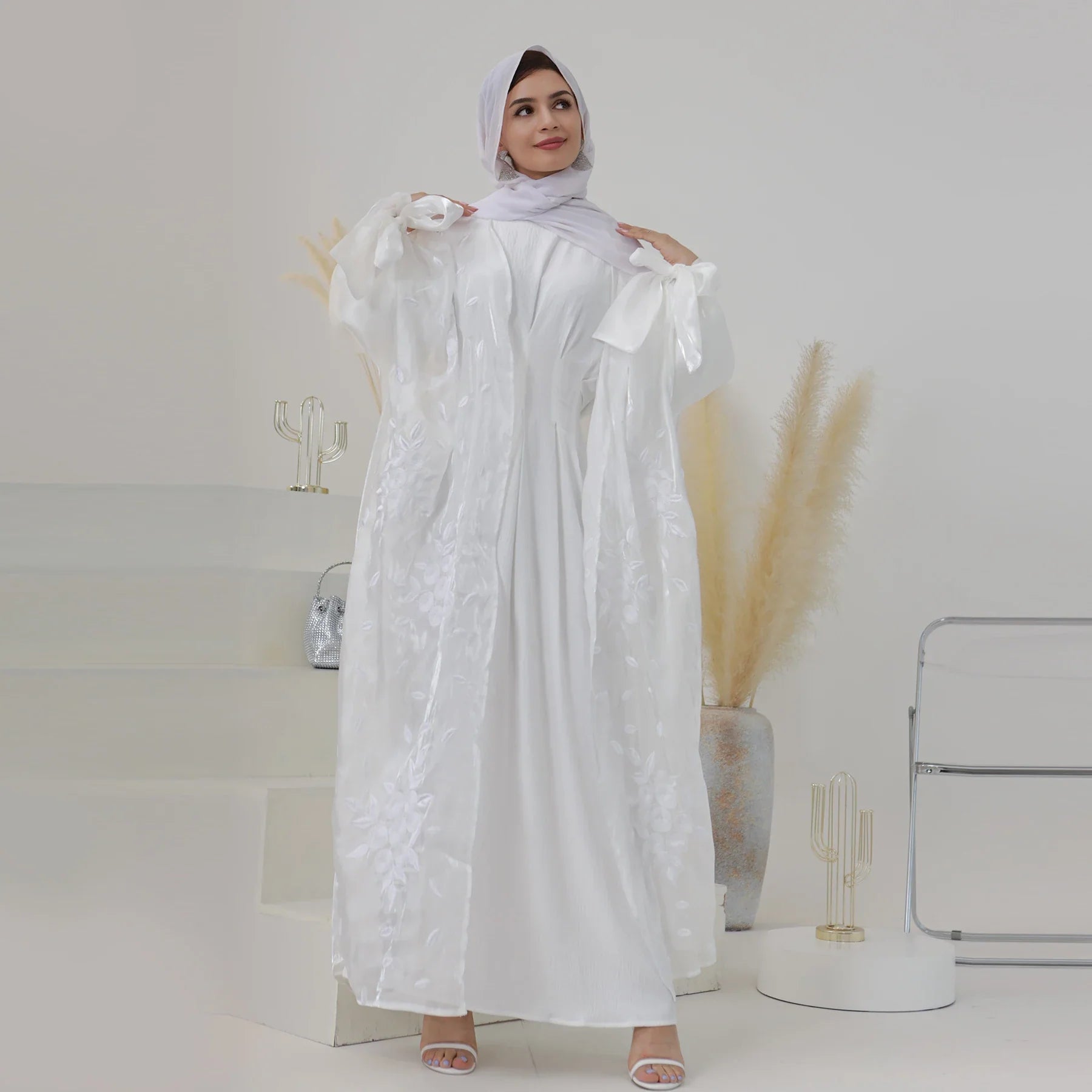 Loriya Modest Embroidery Dubai Abaya Open Kimono Cardigan Women White Abaya Wedding Dress Islamic Clothing