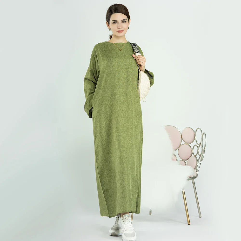 Loriya Ramadan Latest Linen Maxi Modest Dress Muslim Moroccan Open Abaya for Eid Mubarak