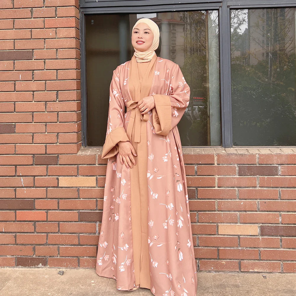 Loriya new abaya designs turkey flower printing women cardigan abaya muslim women open abaya modest dresses