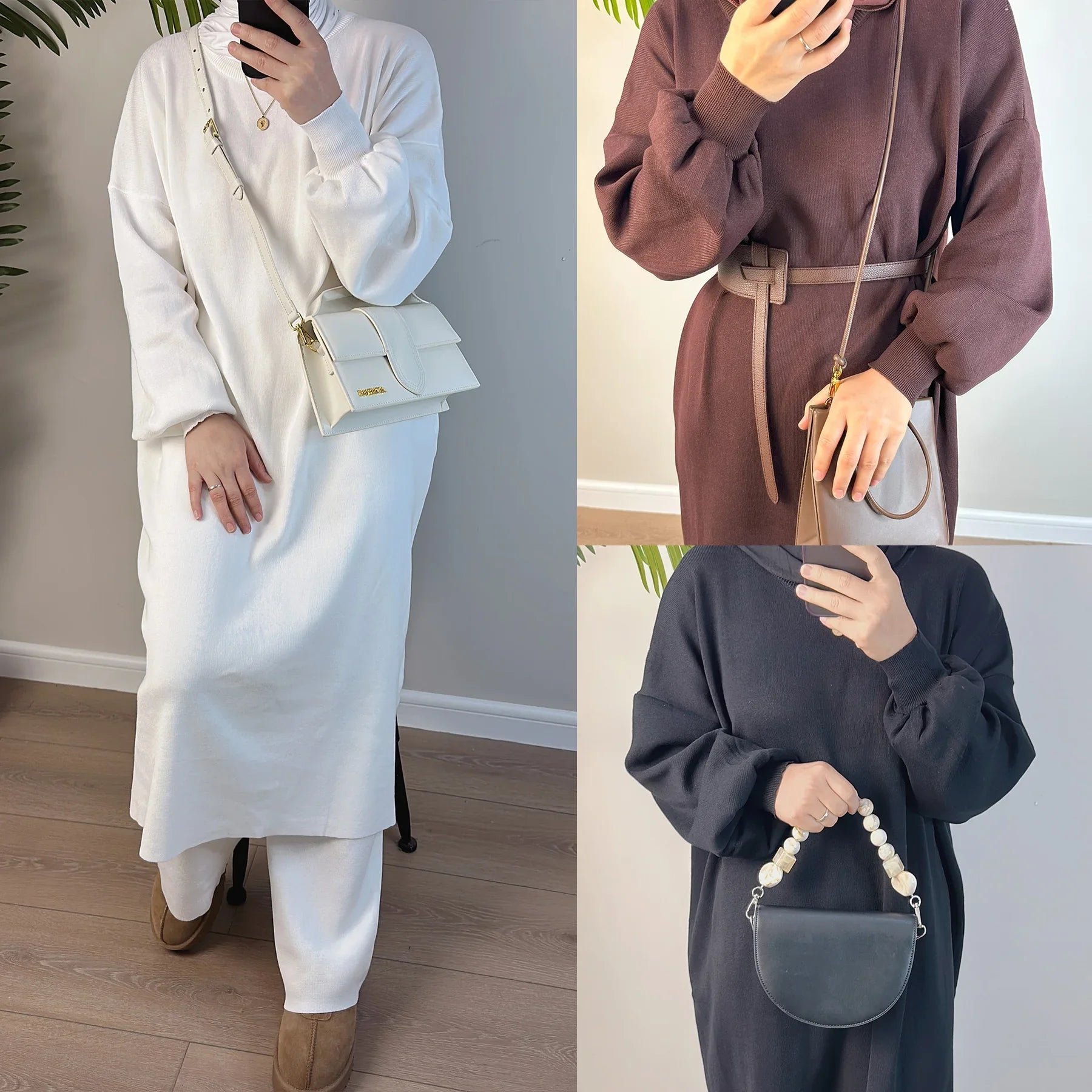 Loriya Hiver Abaya Pull Robe Pantalon Ensemble Chaud Modeste Abaya Femmes Robe Musulmane Vêtements Islamiques Femmes Abaya 