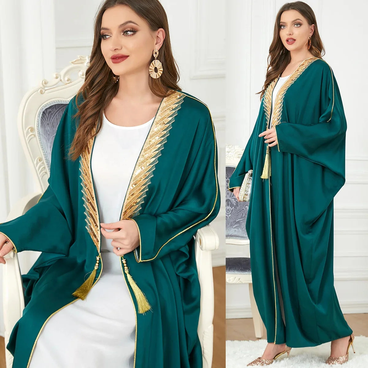 Vêtements Loriya Moyen-Orient Vêtements islamiques EID Dubaï Robes arabes saoudiennes avec bordure dorée Kaftan vert Abaya 