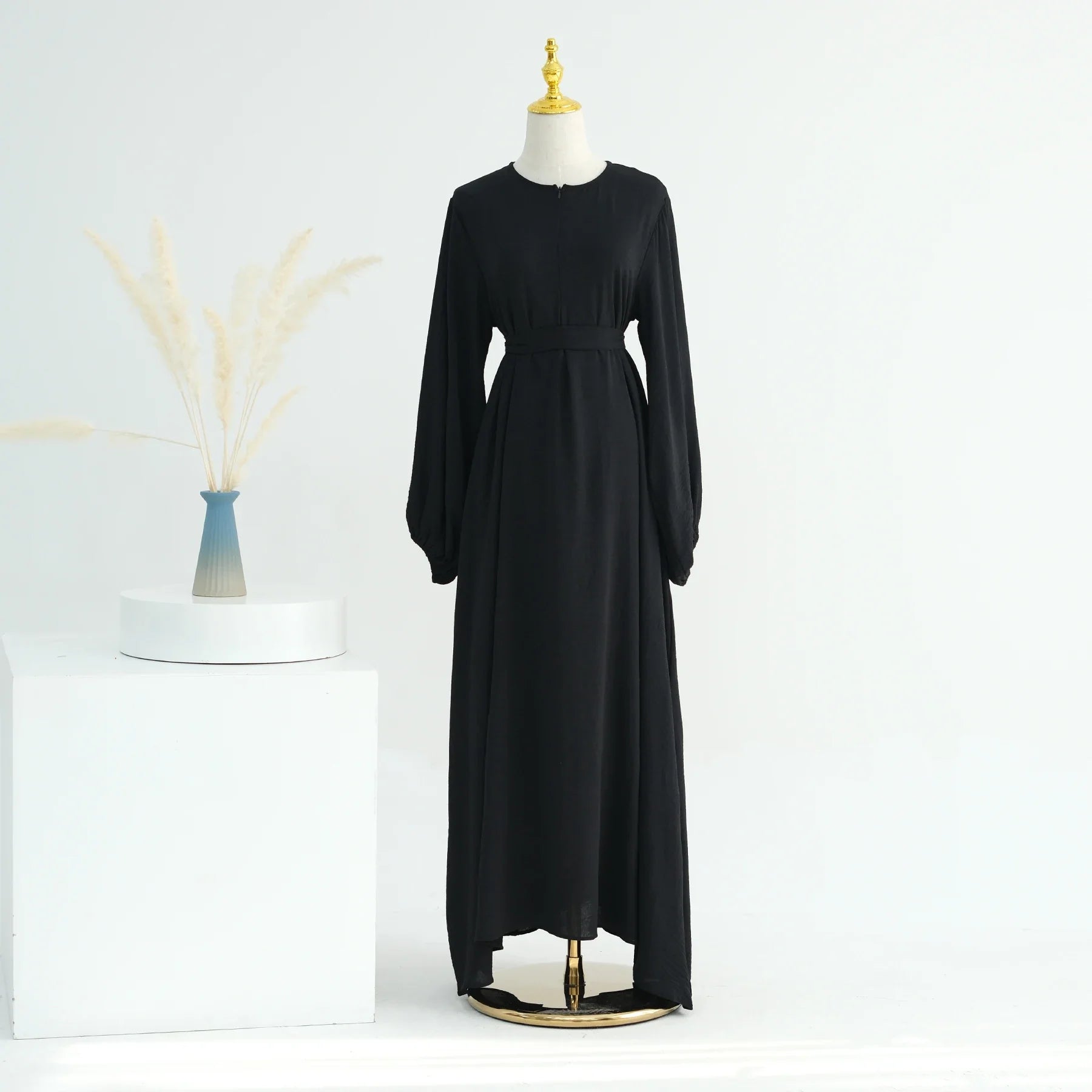 2024 EID New Puff Sleeve Front Zipper Muslim Abaya Modest Dress Wrinkle Polyester Dubai Abaya Islamic Womens Clothing Wholesale