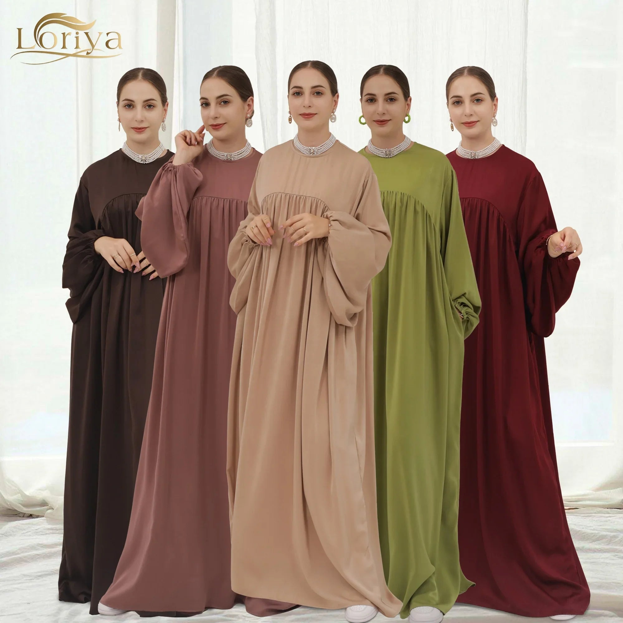 Loriya Abayas fermées à manches bouffantes Dubaï Turquie Hijab Robe 2 pièces Ensemble Abaya unie Vêtements islamiques pour femmes musulmanes 