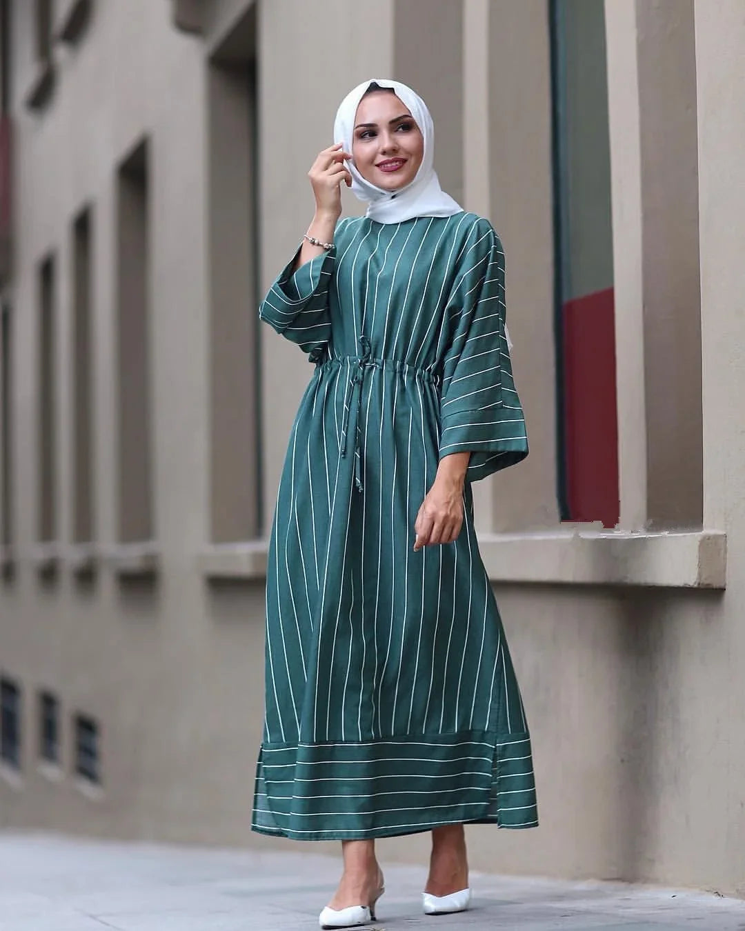 Wholesale new stripe blue green color Muslim fashion Dubai Abaya Islamic clothing summer dress