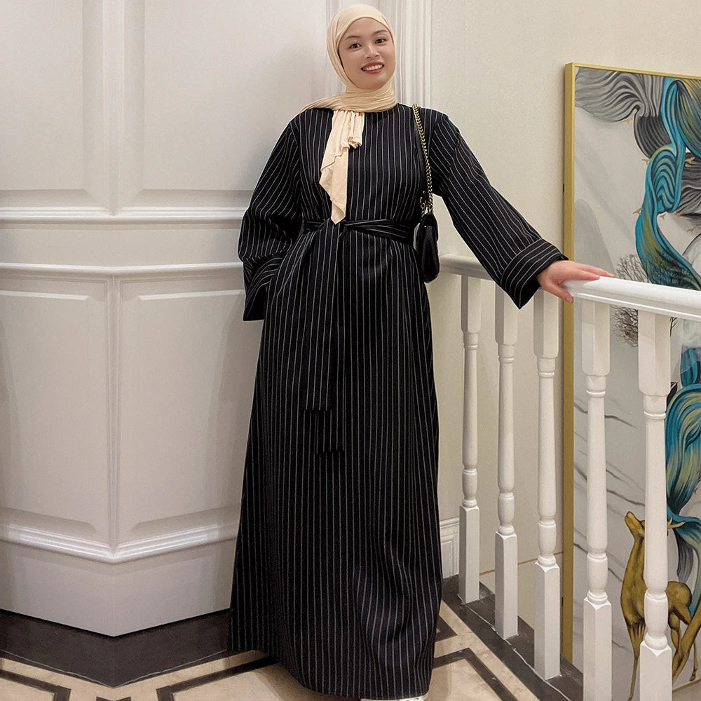 2023 Loriya Newest Maxi Dresses Stripe Dubai Ramadan Kaftan Islamic Arab Clothing Abaya Muslim Women