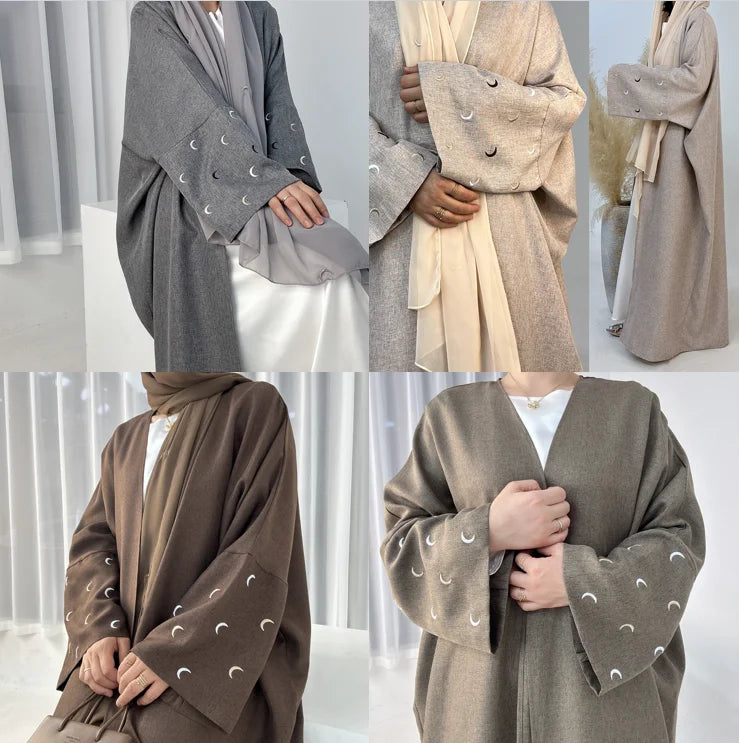 Loriya New Abaya Designs 2023 Women Hijab Dress Kimono Cardigan Muslim Women's Dresses Moon Embroidery EID Linen Abaya