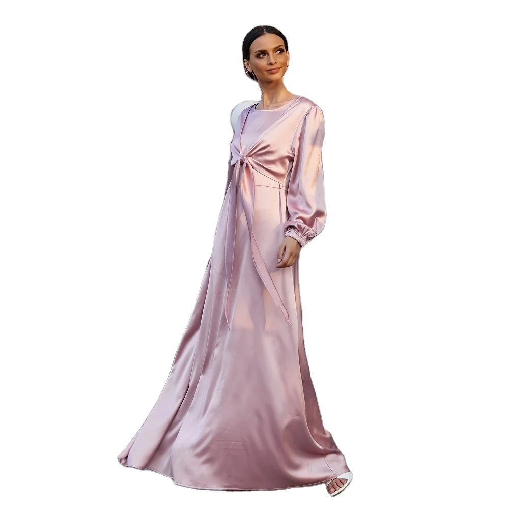 Elegant Indonesia islamic clothing satin material abaya women muslim dress long maxi slip twist islamic dresses wholesale