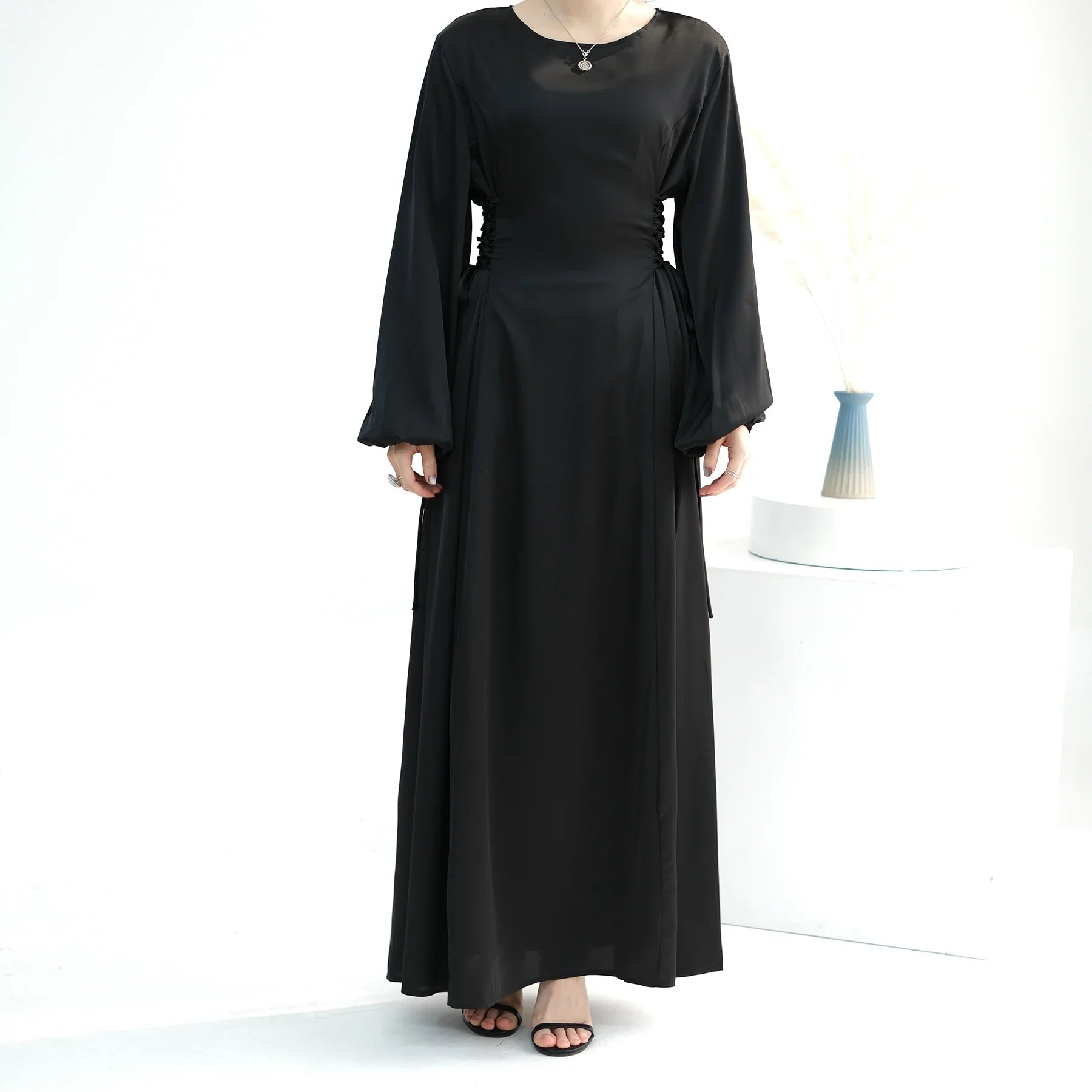 2024 Loriya Modest Satin Women Casual Dress Long Sleeve Middle East Arabic Islamic Clothing Modest Abaya Muslim Dress