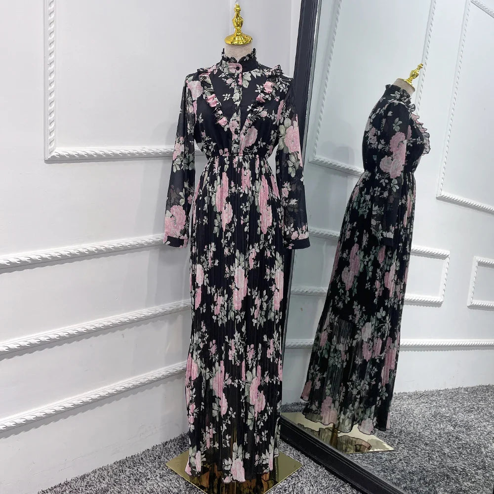 Loriya Fashion 2023 Nouvelle Robe à Fleurs Imprimée en Mousseline de Soie EID Abaya Femmes Robe Musulmane Vêtements Islamiques Robe Modeste En Gros 