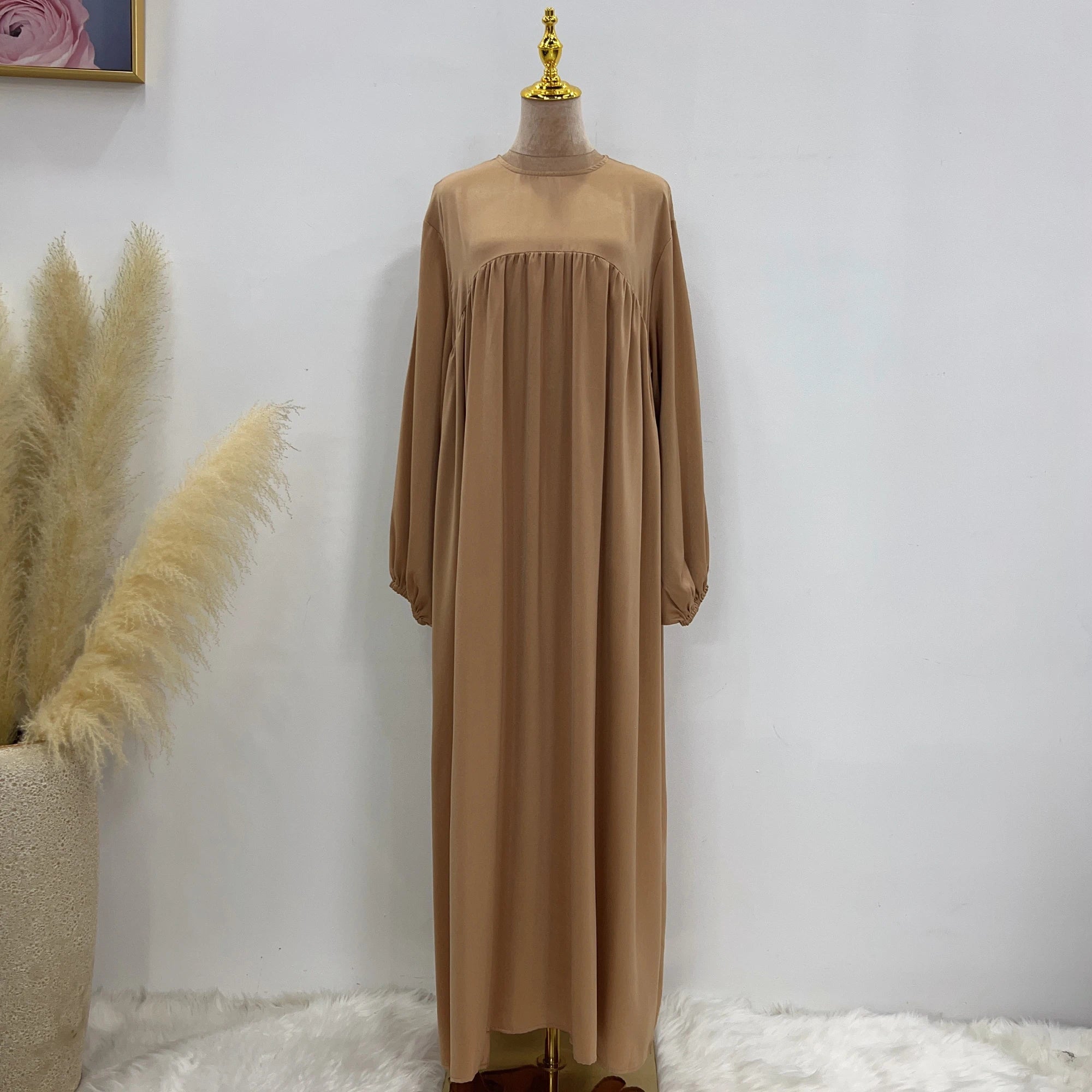 Loriya Abayas fermées à manches bouffantes Dubaï Turquie Hijab Robe 2 pièces Ensemble Abaya unie Vêtements islamiques pour femmes musulmanes 